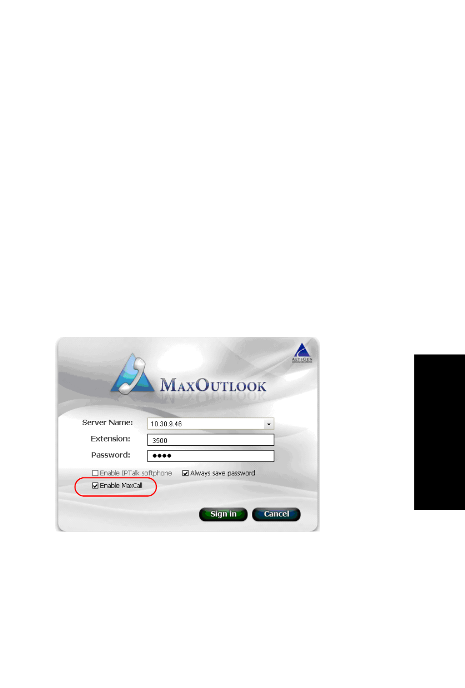 Using maxcall, Logging in to maxcall, The maxcall tab | Hapter | AltiGen MAXCS 7.5 MaxOutlook User Manual | Page 71 / 79