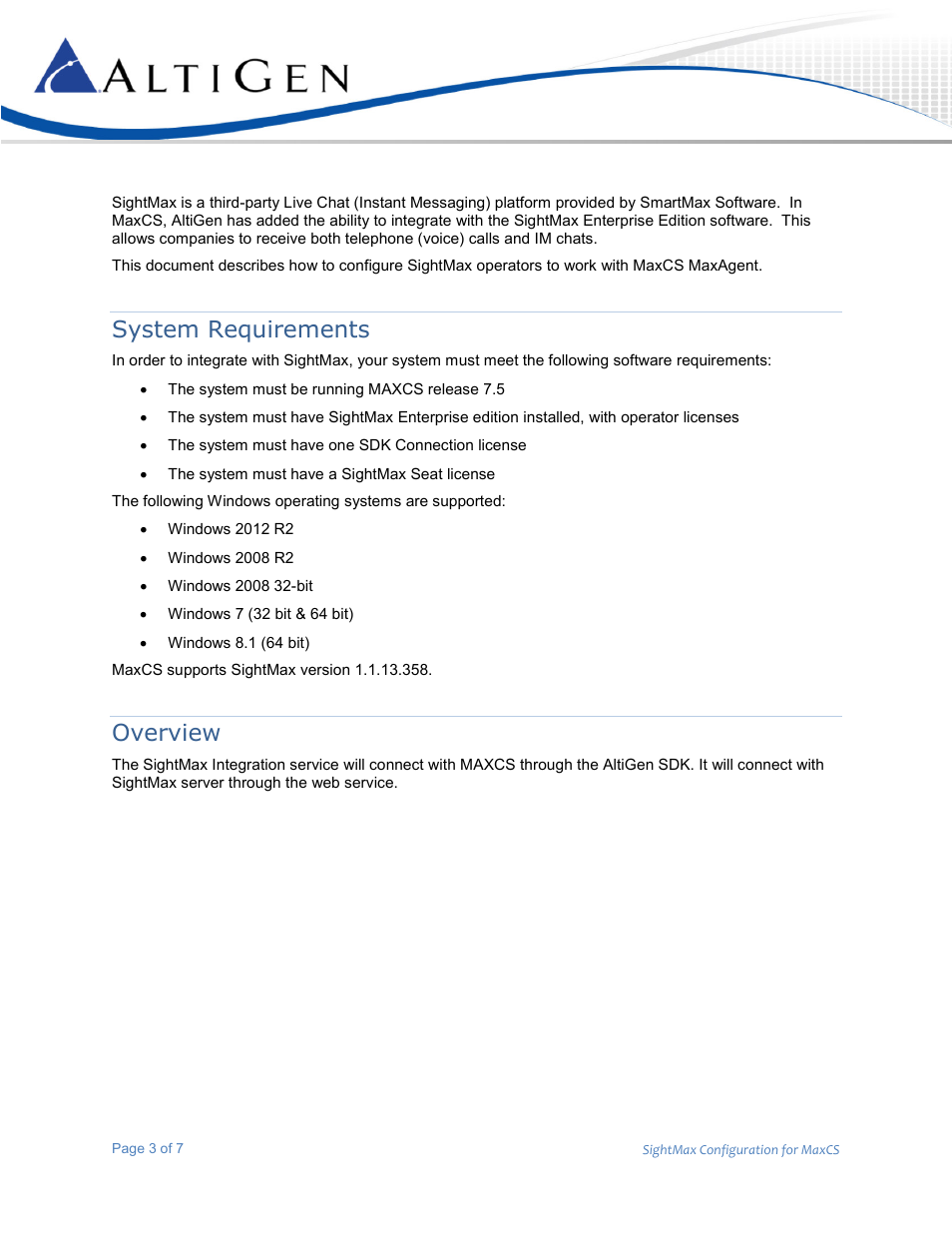 System requirements, Overview | AltiGen MAXCS 7.5 SightMax Configuration Guide User Manual | Page 3 / 7