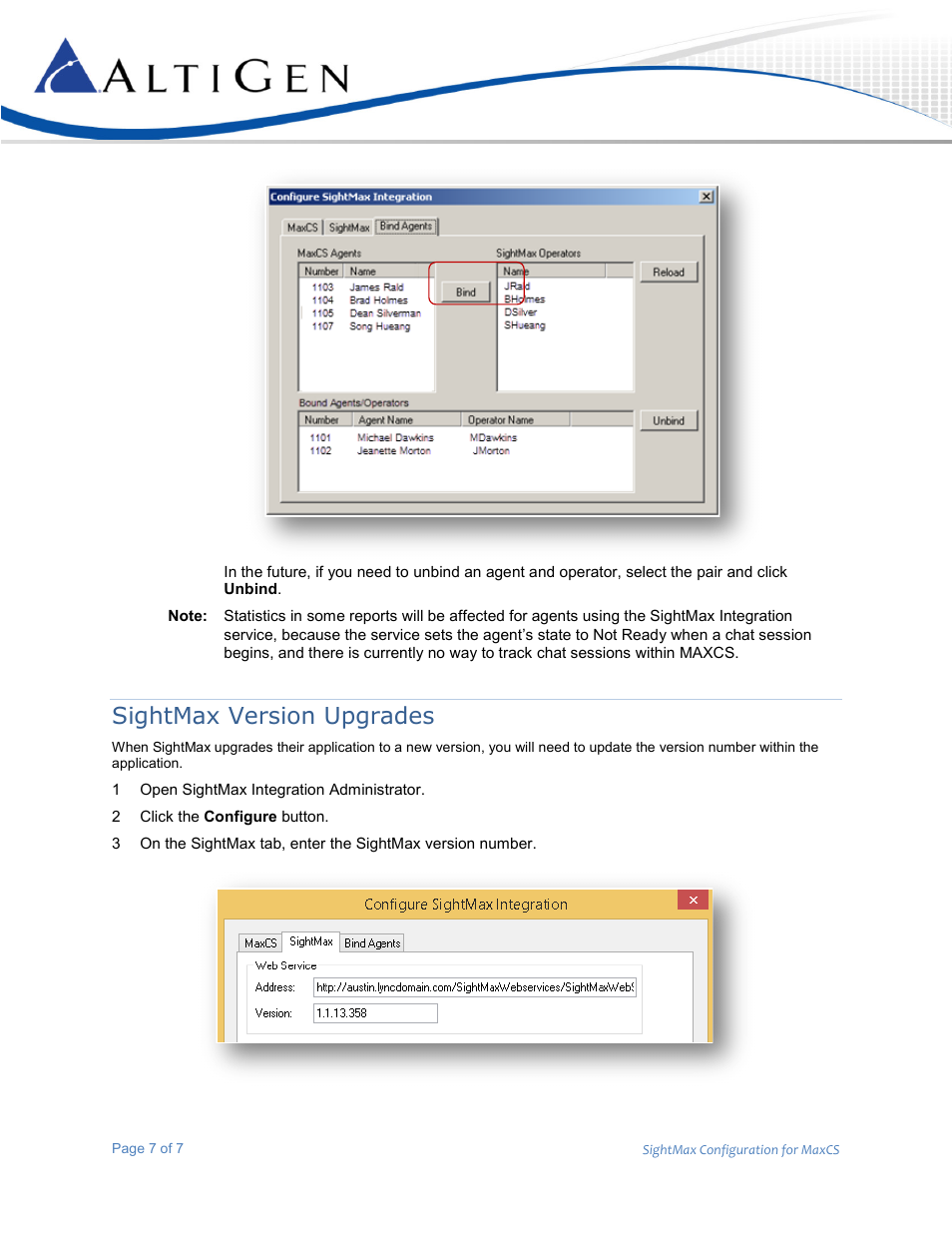 Sightmax version upgrades | AltiGen MAXCS 7.5 SightMax Configuration Guide User Manual | Page 7 / 7