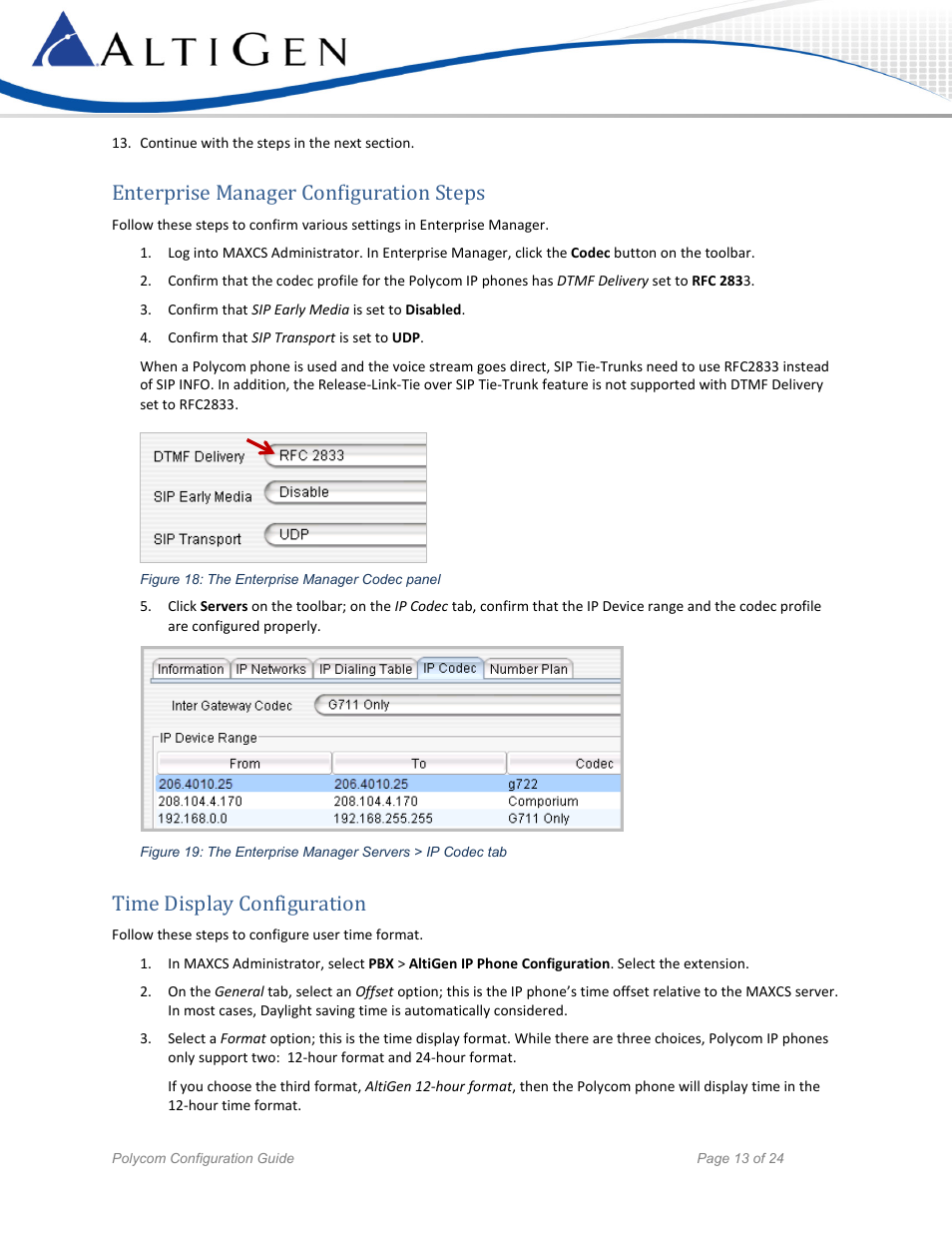Enterprise manager configuration steps, Time display configuration | AltiGen MAXCS 7.5 Polycom Configuration Guide User Manual | Page 13 / 24