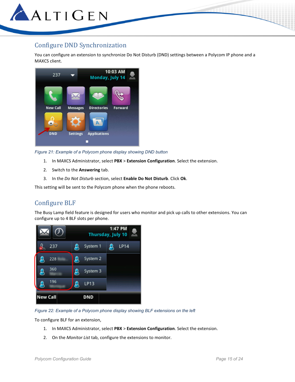 Configure dnd synchronization, Configure blf | AltiGen MAXCS 7.5 Polycom Configuration Guide User Manual | Page 15 / 24