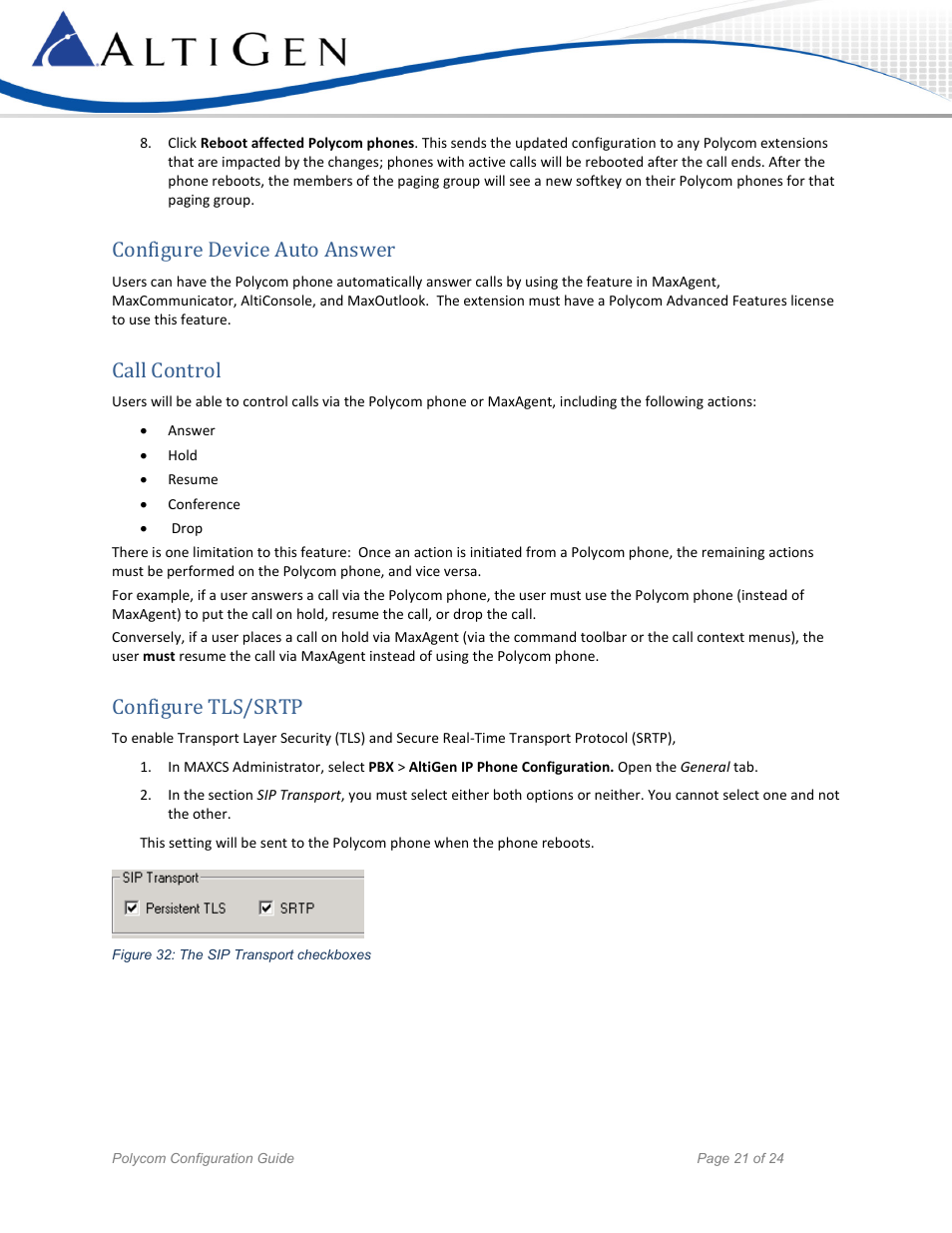 Configure device auto answer, Call control, Configure tls/srtp | AltiGen MAXCS 7.5 Polycom Configuration Guide User Manual | Page 21 / 24