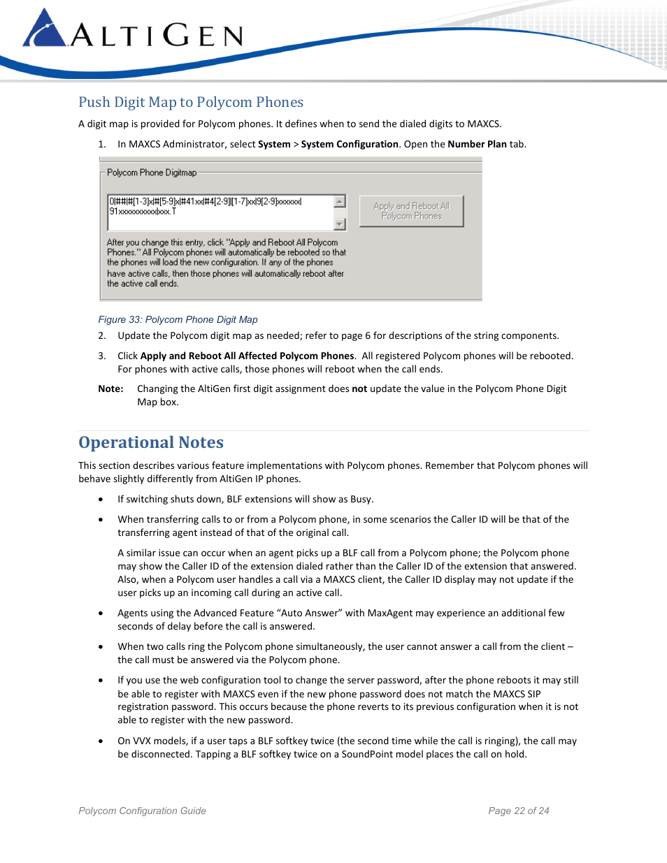 Push digit map to polycom phones, Operational notes | AltiGen MAXCS 7.5 Polycom Configuration Guide User Manual | Page 22 / 24