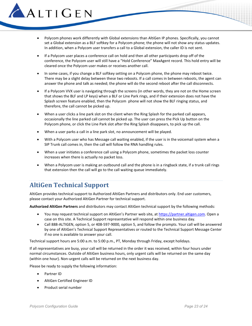 Altigen technical support | AltiGen MAXCS 7.5 Polycom Configuration Guide User Manual | Page 23 / 24