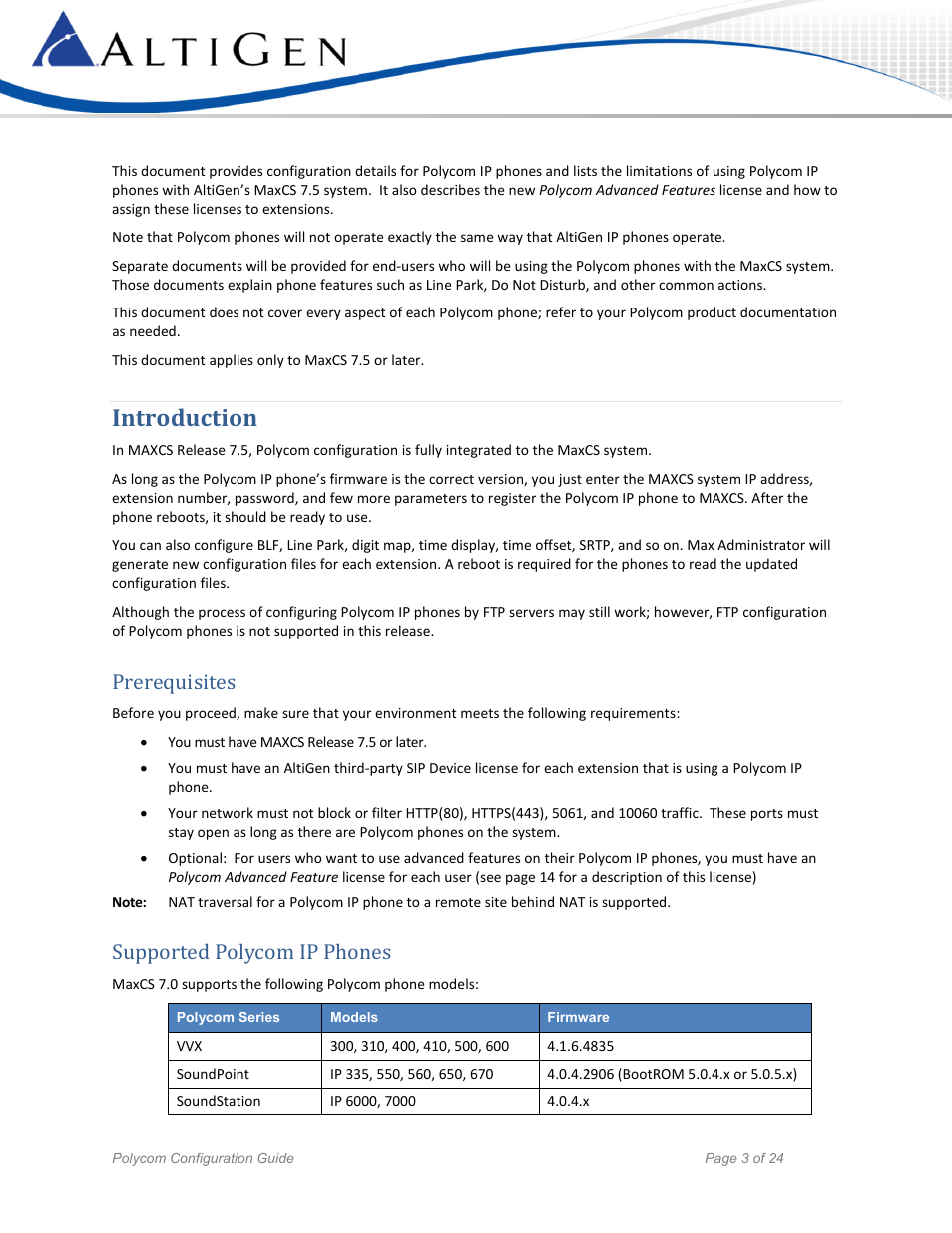 Introduction, Prerequisites, Supported polycom ip phones | AltiGen MAXCS 7.5 Polycom Configuration Guide User Manual | Page 3 / 24