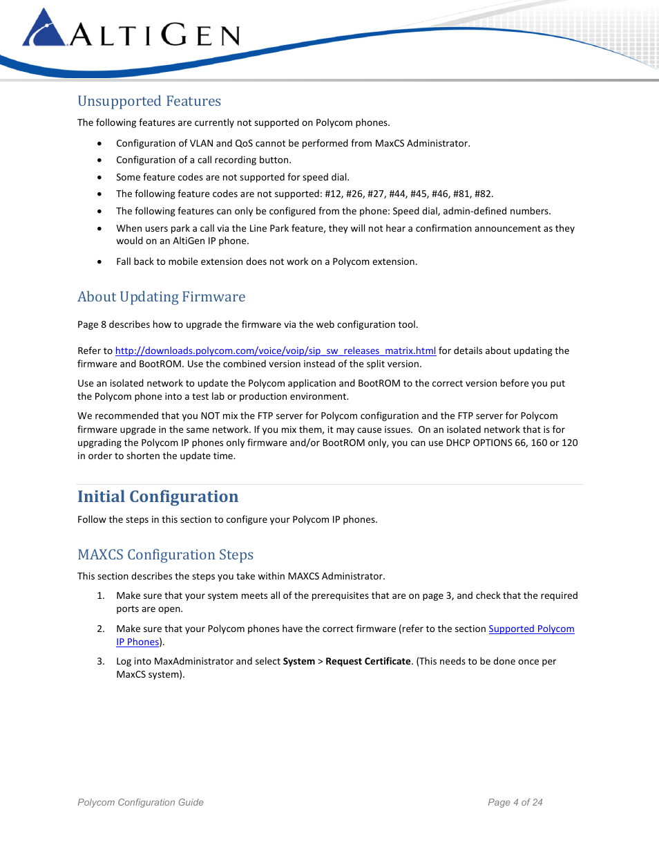 Unsupported features, About updating firmware, Initial configuration | Maxcs configuration steps | AltiGen MAXCS 7.5 Polycom Configuration Guide User Manual | Page 4 / 24