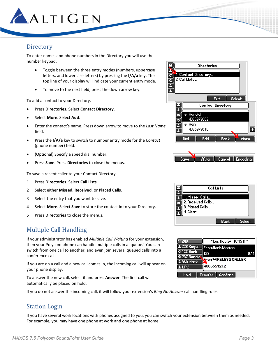 Directory, Multiple call handling, Station login | AltiGen MAXCS 7.5 Polycom SoundPoint User Guide User Manual | Page 3 / 6