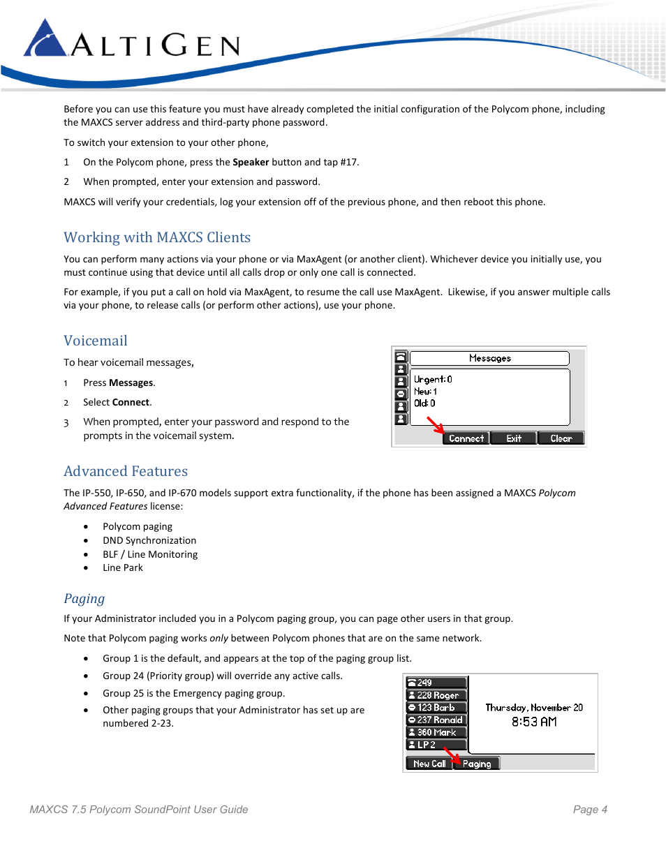 Working with maxcs clients, Voicemail, Advanced features | Paging | AltiGen MAXCS 7.5 Polycom SoundPoint User Guide User Manual | Page 4 / 6