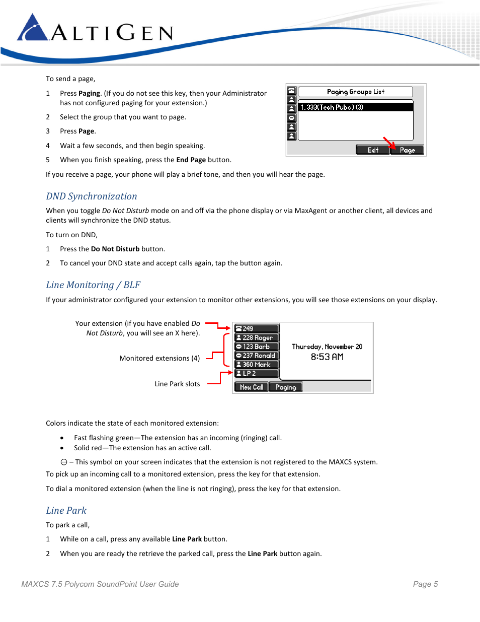 Dnd synchronization, Line monitoring / blf, Line park | AltiGen MAXCS 7.5 Polycom SoundPoint User Guide User Manual | Page 5 / 6