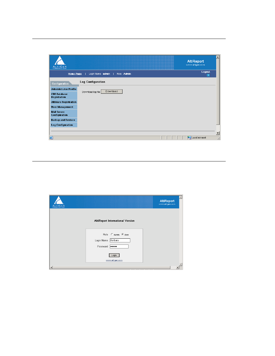 Log configuration, Logging in to run reports | AltiGen MAXCS 7.0 Update 1 AltiReport User Manual | Page 18 / 110