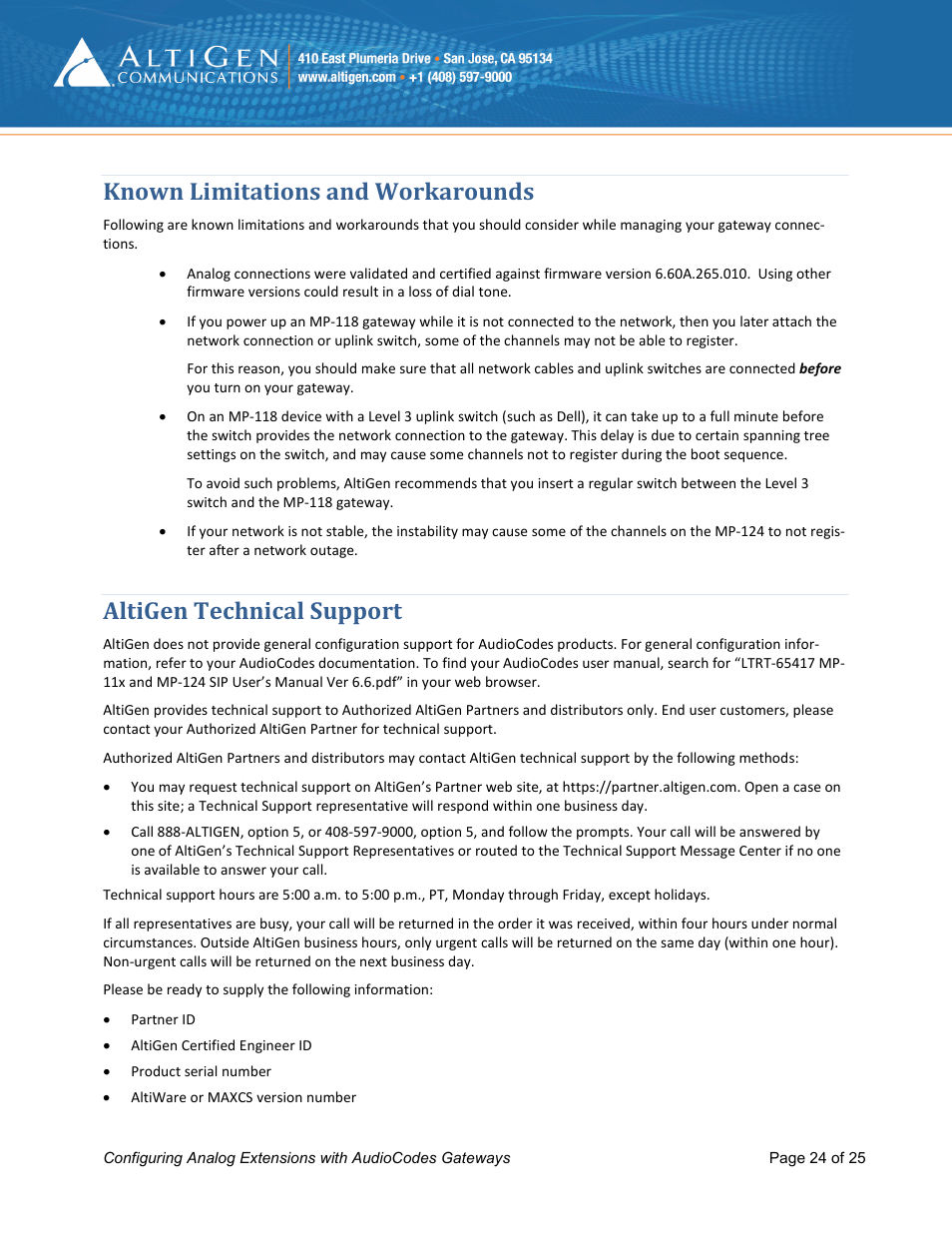 Known limitations and workarounds, Altigen technical support | AltiGen MAXCS 7.0 Update 1 FXS Configuration with AudioCodes User Manual | Page 24 / 25