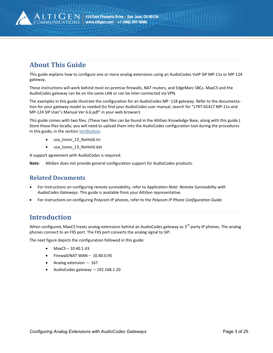 About this guide, Related documents, Introduction | AltiGen MAXCS 7.0 Update 1 FXS Configuration with AudioCodes User Manual | Page 3 / 25