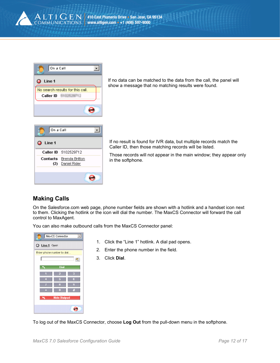 Making calls | AltiGen MAXCS 7.0 Update 1 Salesforce Connector Configuration Guide User Manual | Page 12 / 17