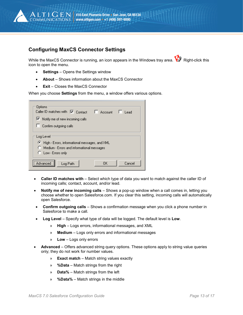 Configuring maxcs connector settings, Ge 13), E 13) | AltiGen MAXCS 7.0 Update 1 Salesforce Connector Configuration Guide User Manual | Page 13 / 17