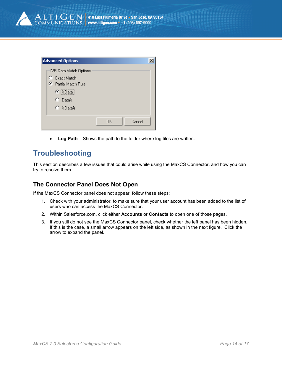 Troubleshooting, The connector panel does not open | AltiGen MAXCS 7.0 Update 1 Salesforce Connector Configuration Guide User Manual | Page 14 / 17