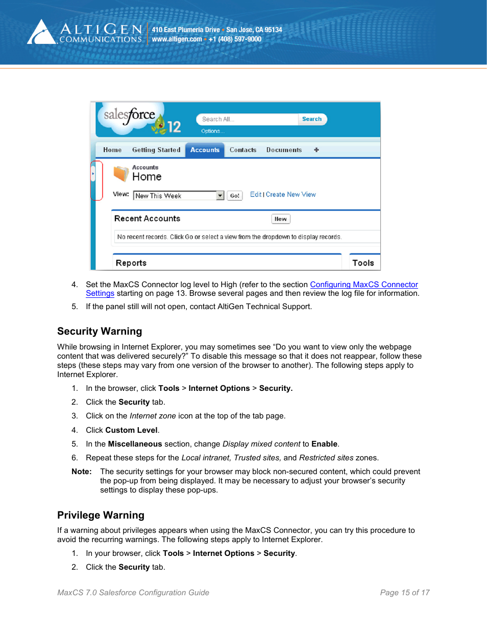 Security warning, Privilege warning | AltiGen MAXCS 7.0 Update 1 Salesforce Connector Configuration Guide User Manual | Page 15 / 17