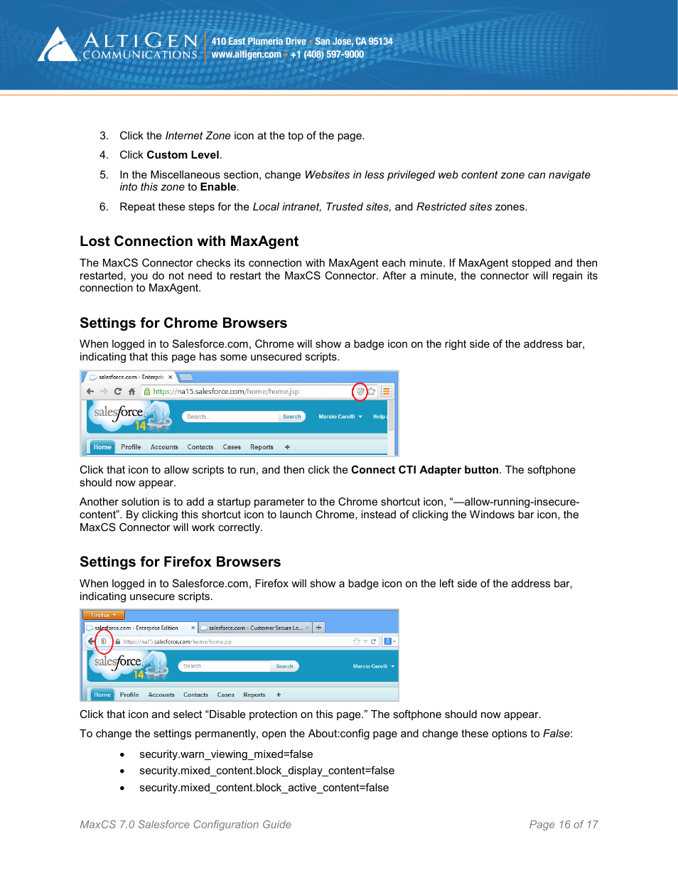 Lost connection with maxagent, Settings for chrome browsers, Settings for firefox browsers | AltiGen MAXCS 7.0 Update 1 Salesforce Connector Configuration Guide User Manual | Page 16 / 17