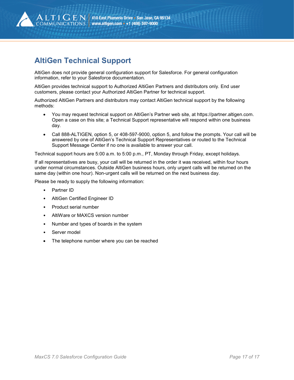 Altigen technical support | AltiGen MAXCS 7.0 Update 1 Salesforce Connector Configuration Guide User Manual | Page 17 / 17