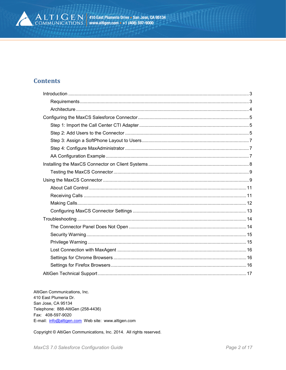 AltiGen MAXCS 7.0 Update 1 Salesforce Connector Configuration Guide User Manual | Page 2 / 17
