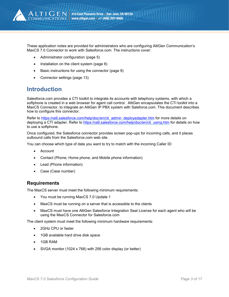 Introduction, Requirements | AltiGen MAXCS 7.0 Update 1 Salesforce Connector Configuration Guide User Manual | Page 3 / 17