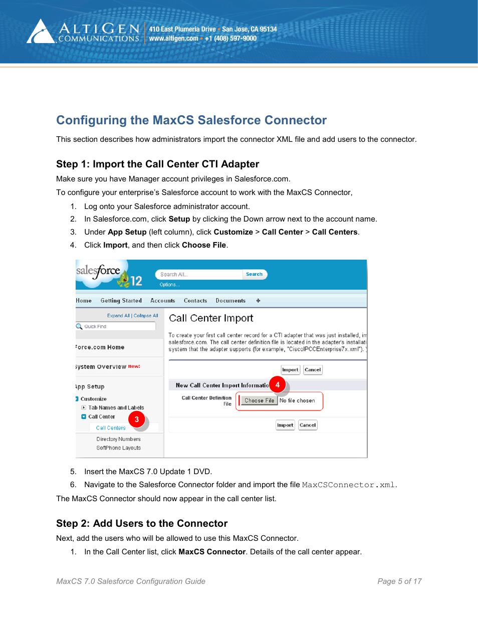 Configuring the maxcs salesforce connector, Step 1: import the call center cti adapter, Step 2: add users to the connector | AltiGen MAXCS 7.0 Update 1 Salesforce Connector Configuration Guide User Manual | Page 5 / 17