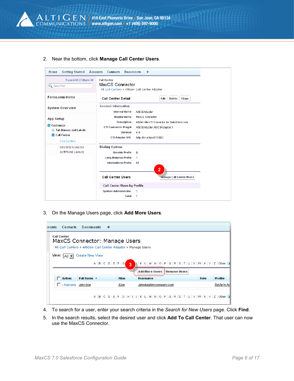 AltiGen MAXCS 7.0 Update 1 Salesforce Connector Configuration Guide User Manual | Page 6 / 17