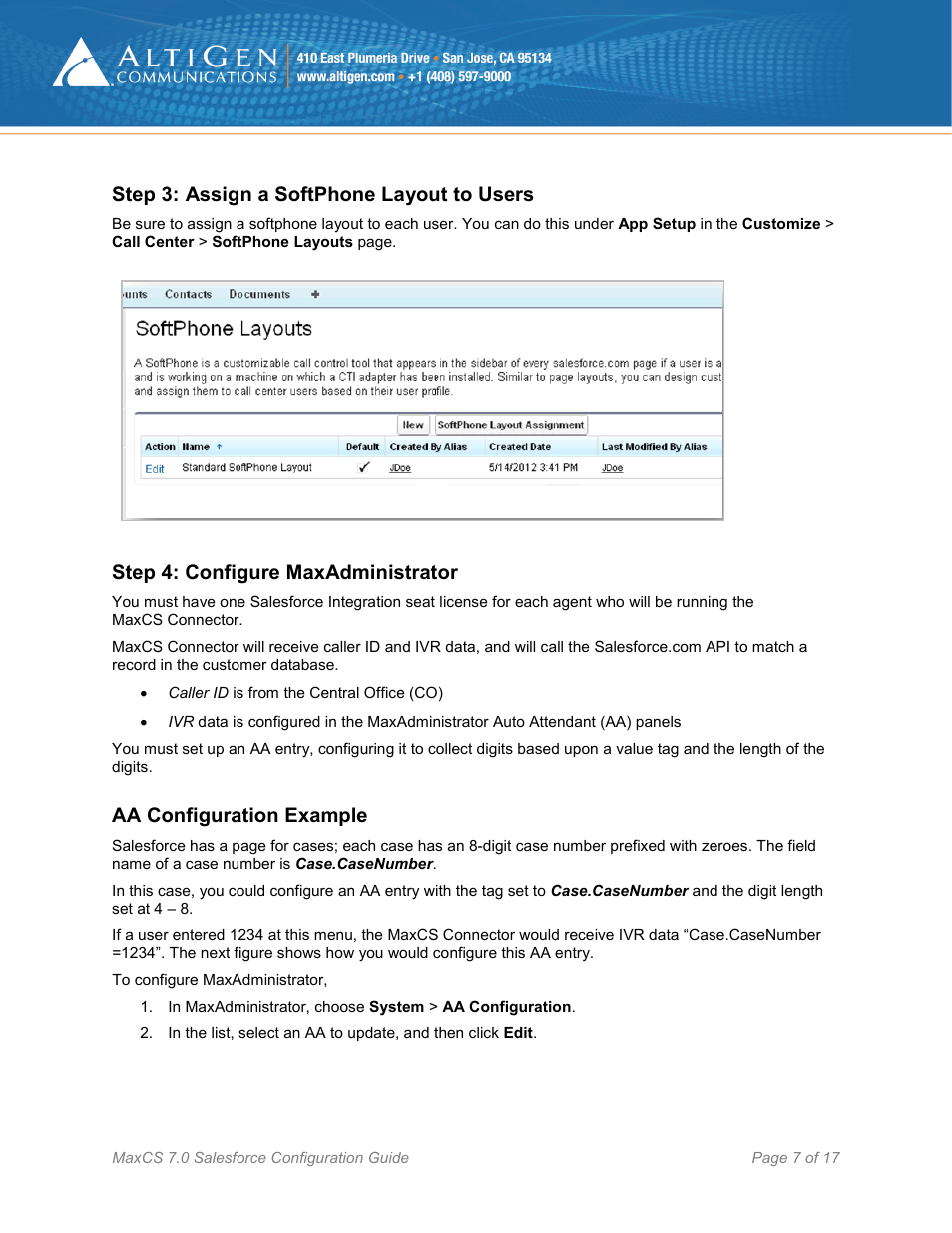 Step 3: assign a softphone layout to users, Step 4: configure maxadministrator, Aa configuration example | AltiGen MAXCS 7.0 Update 1 Salesforce Connector Configuration Guide User Manual | Page 7 / 17
