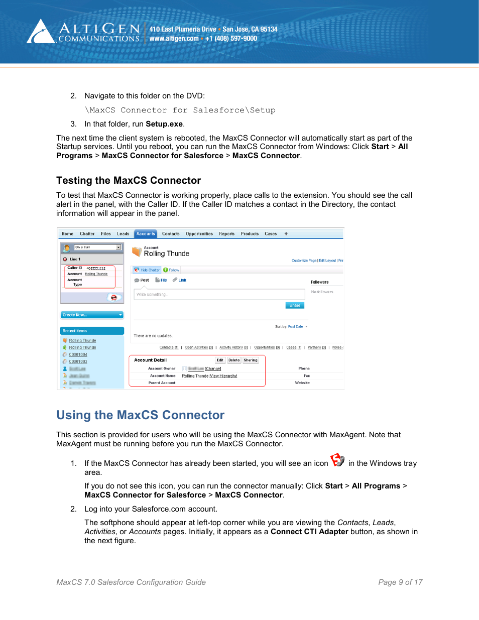 Testing the maxcs connector, Using the maxcs connector, Age 9) | AltiGen MAXCS 7.0 Update 1 Salesforce Connector Configuration Guide User Manual | Page 9 / 17