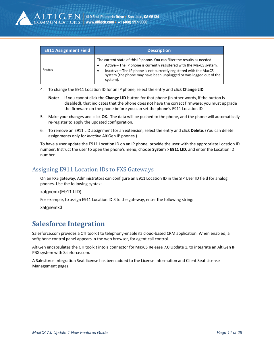 Assigning e911 location ids to fxs gateways, Salesforce integration, E 11) | AltiGen MAXCS 7.0 Update 1 New Features Guide User Manual | Page 11 / 26