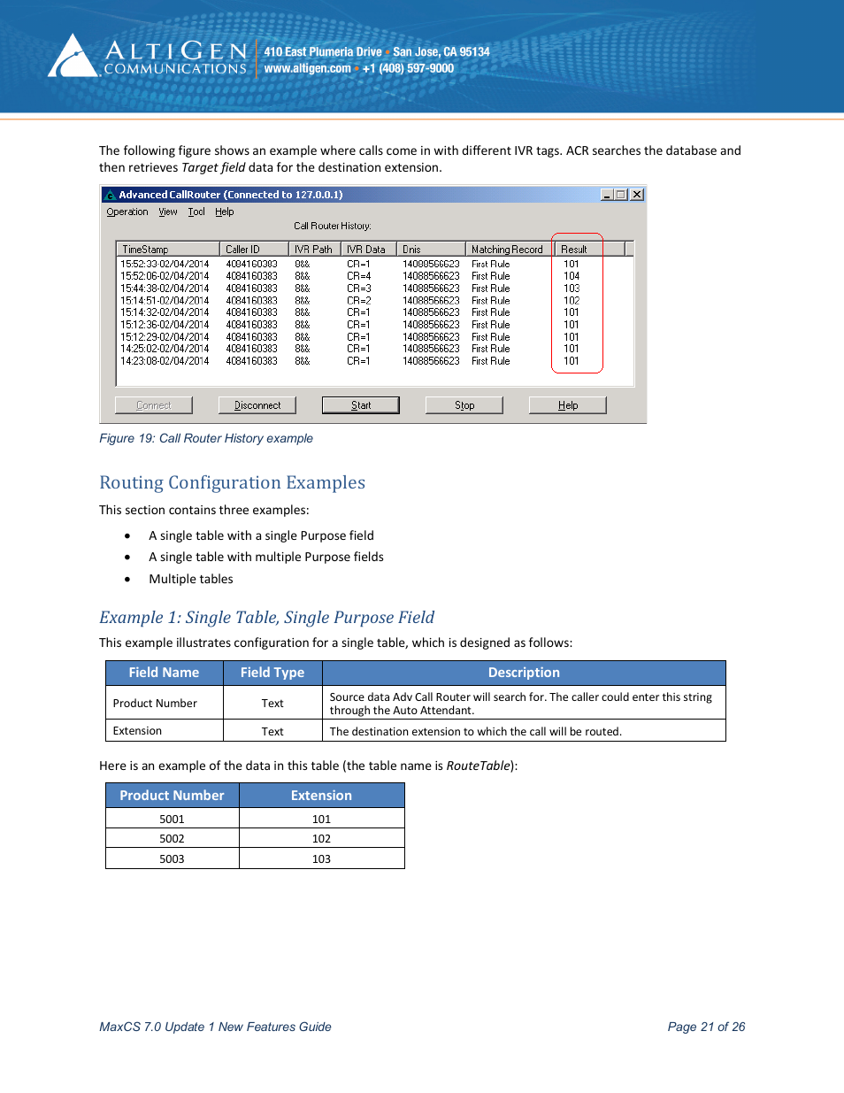 Routing configuration examples, Example 1: single table, single purpose field | AltiGen MAXCS 7.0 Update 1 New Features Guide User Manual | Page 21 / 26