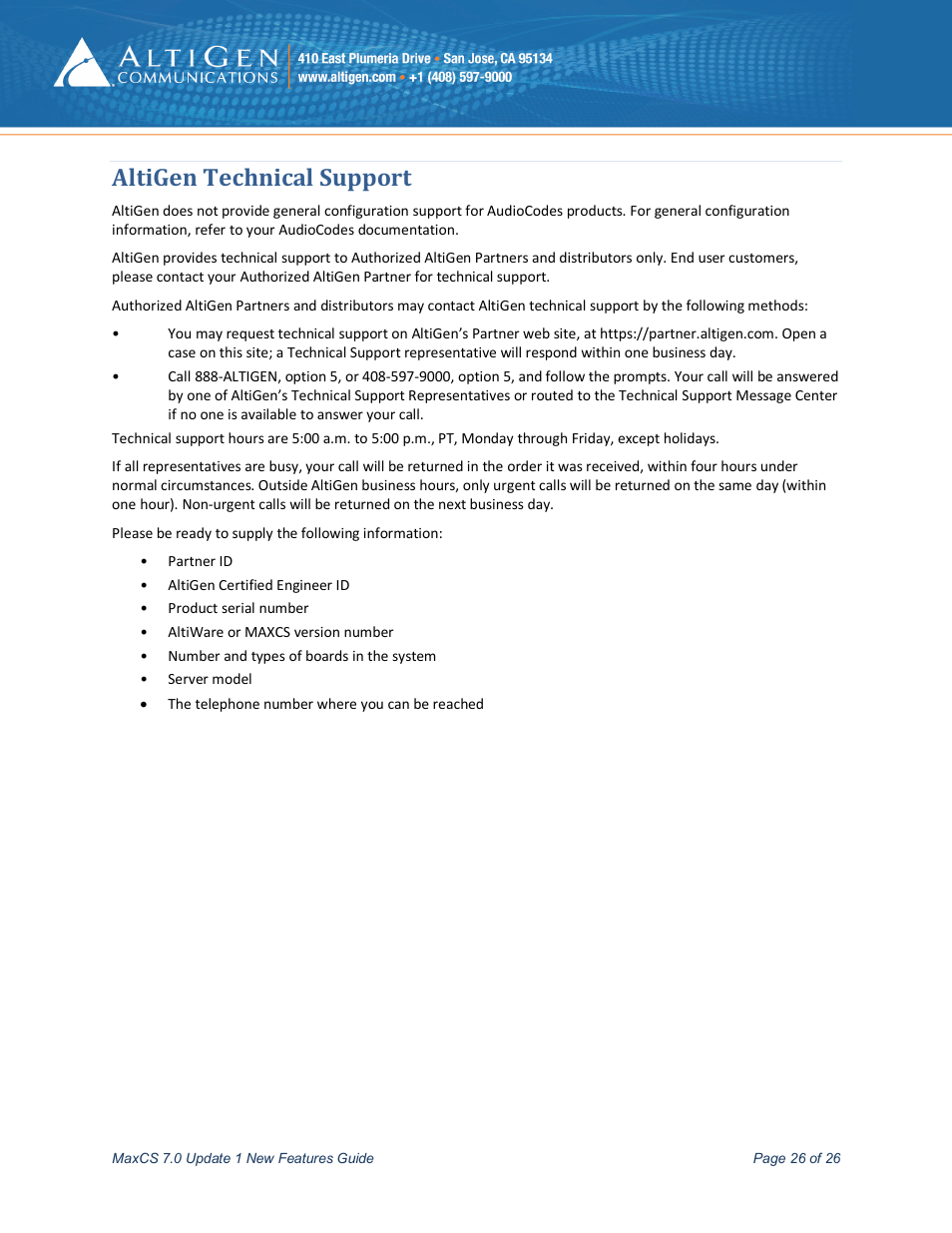 Altigen technical support | AltiGen MAXCS 7.0 Update 1 New Features Guide User Manual | Page 26 / 26