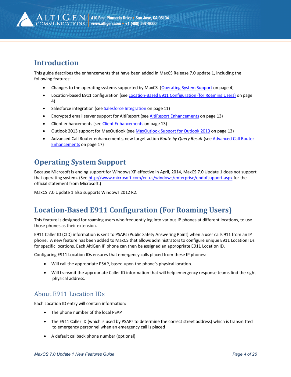 Introduction, Operating system support, About e911 location ids | AltiGen MAXCS 7.0 Update 1 New Features Guide User Manual | Page 4 / 26