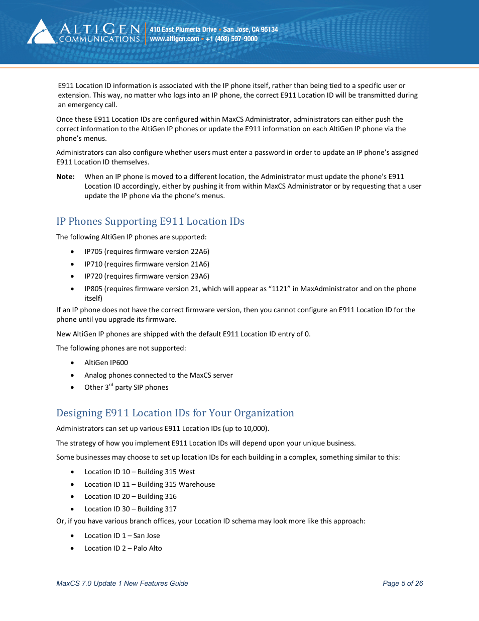 Ip phones supporting e911 location ids, Designing e911 location ids for your organization, Ip phones supporting e911 caller id | AltiGen MAXCS 7.0 Update 1 New Features Guide User Manual | Page 5 / 26