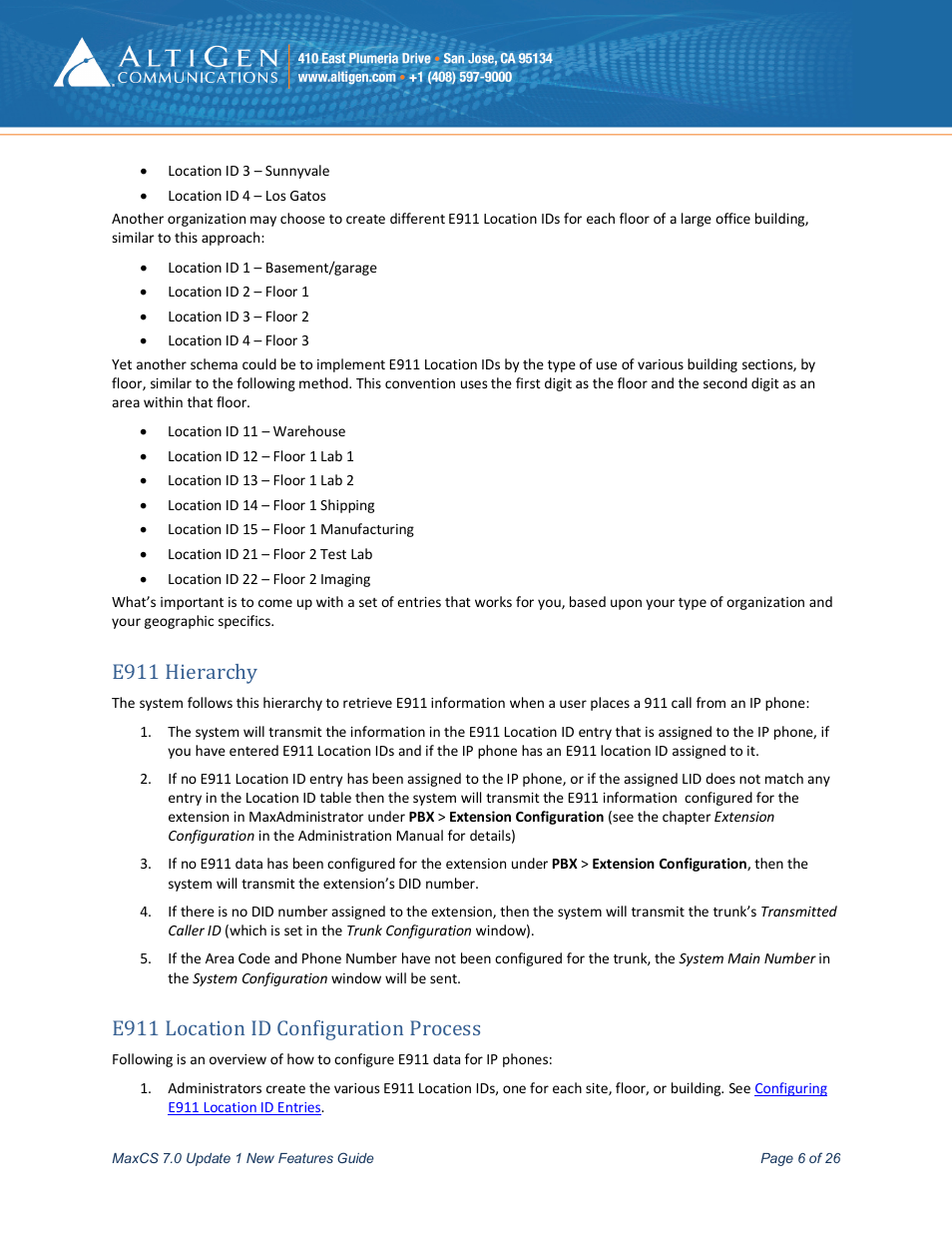 E911 hierarchy, E911 location id configuration process, E911 caller id configuration process | AltiGen MAXCS 7.0 Update 1 New Features Guide User Manual | Page 6 / 26