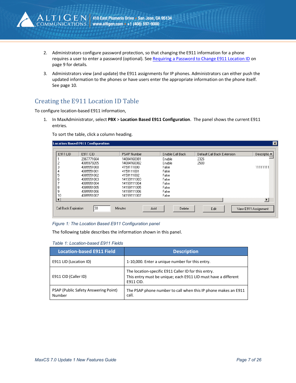 Creating the e911 location id table, Configuring, E911 location id entries | AltiGen MAXCS 7.0 Update 1 New Features Guide User Manual | Page 7 / 26