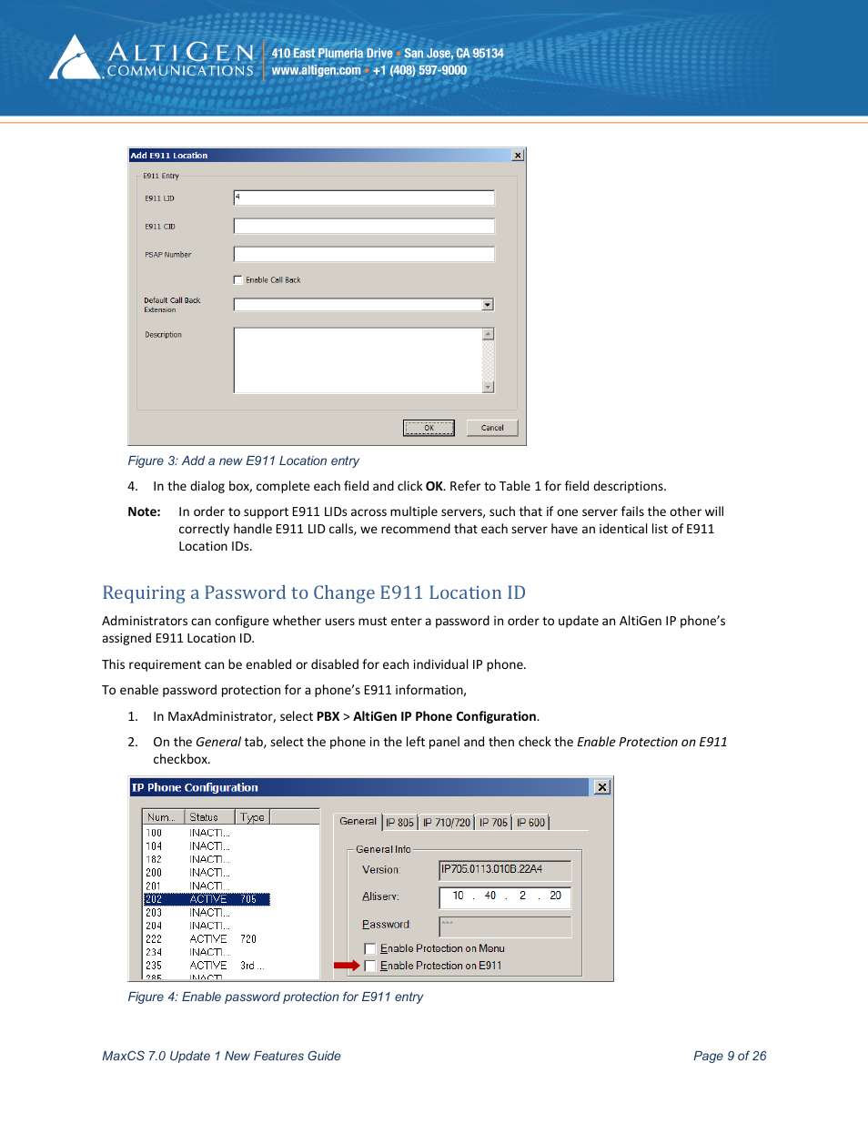 Requiring a password to change e911 location id | AltiGen MAXCS 7.0 Update 1 New Features Guide User Manual | Page 9 / 26