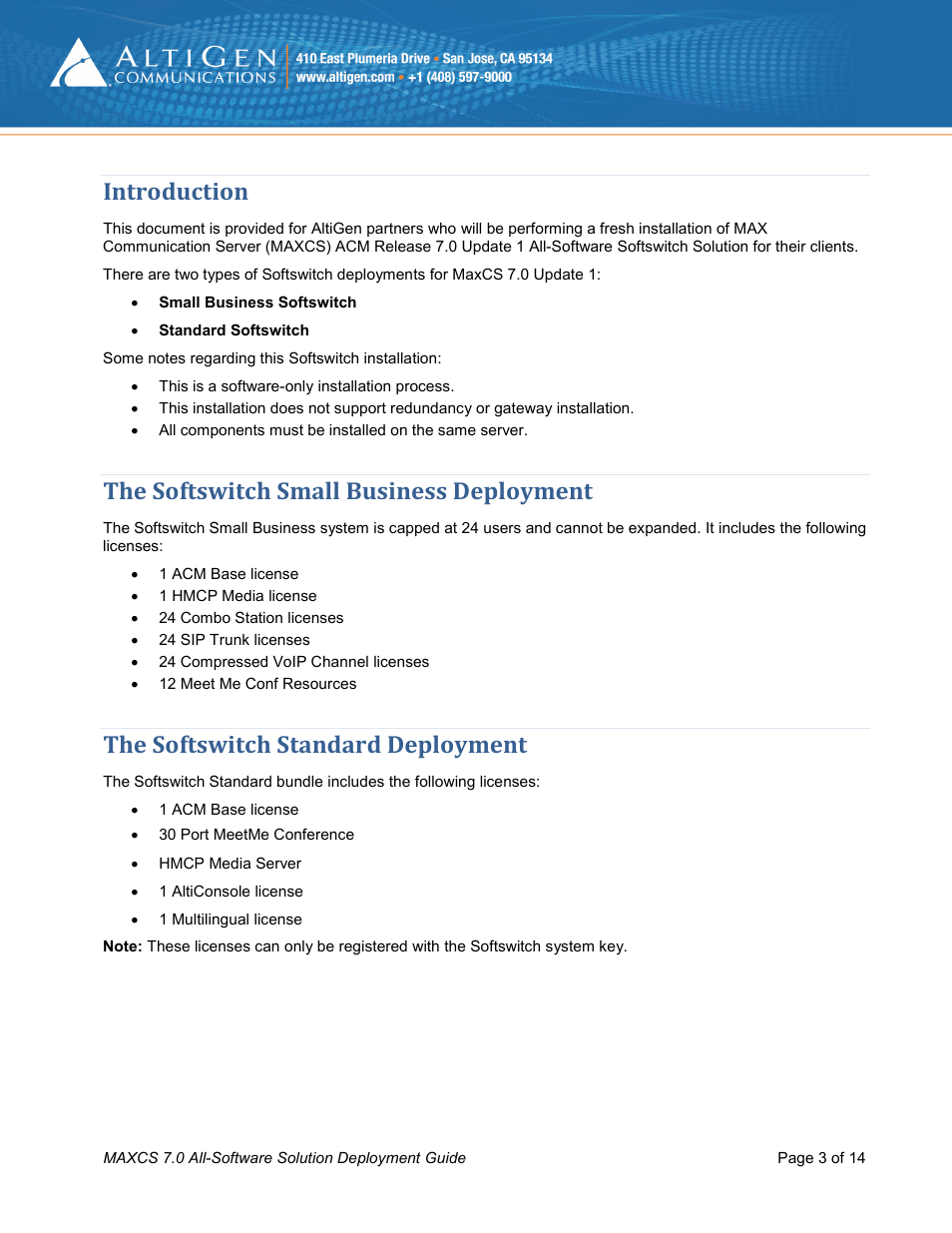 Introduction, The softswitch small business deployment, The softswitch standard deployment | Additional licenses available | AltiGen MAXCS 7.0 Update 1 Softswitch Deployment Guide User Manual | Page 3 / 14