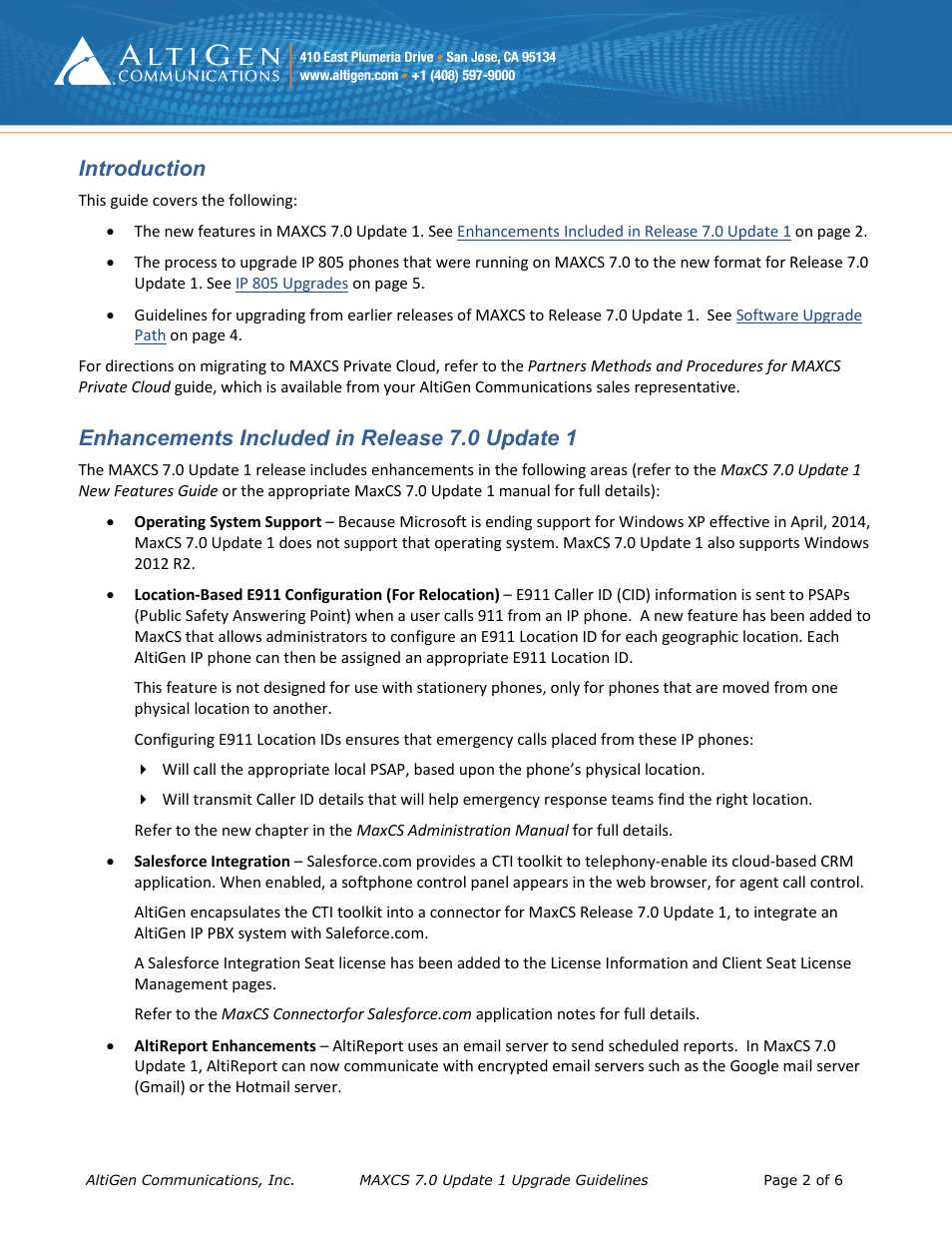 Introduction, Enhancements included in release 7.0 update 1 | AltiGen MAXCS 7.0 Update 1 Upgrade Guidelines User Manual | Page 2 / 6