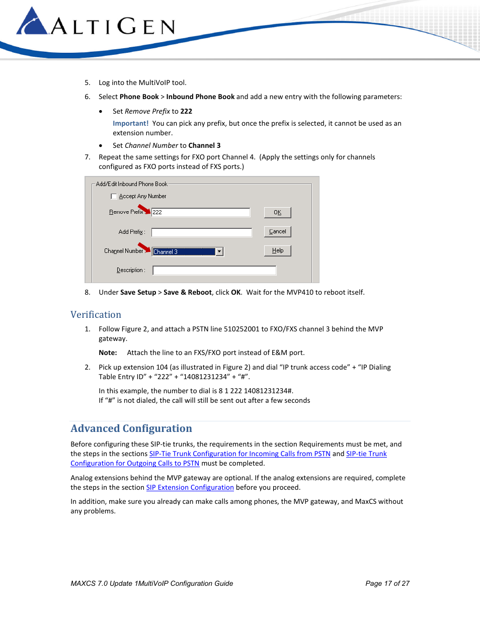 Verification, Advanced configuration | AltiGen MAXCS 7.0 Update 1 MultiVOIP Configuration User Manual | Page 17 / 27