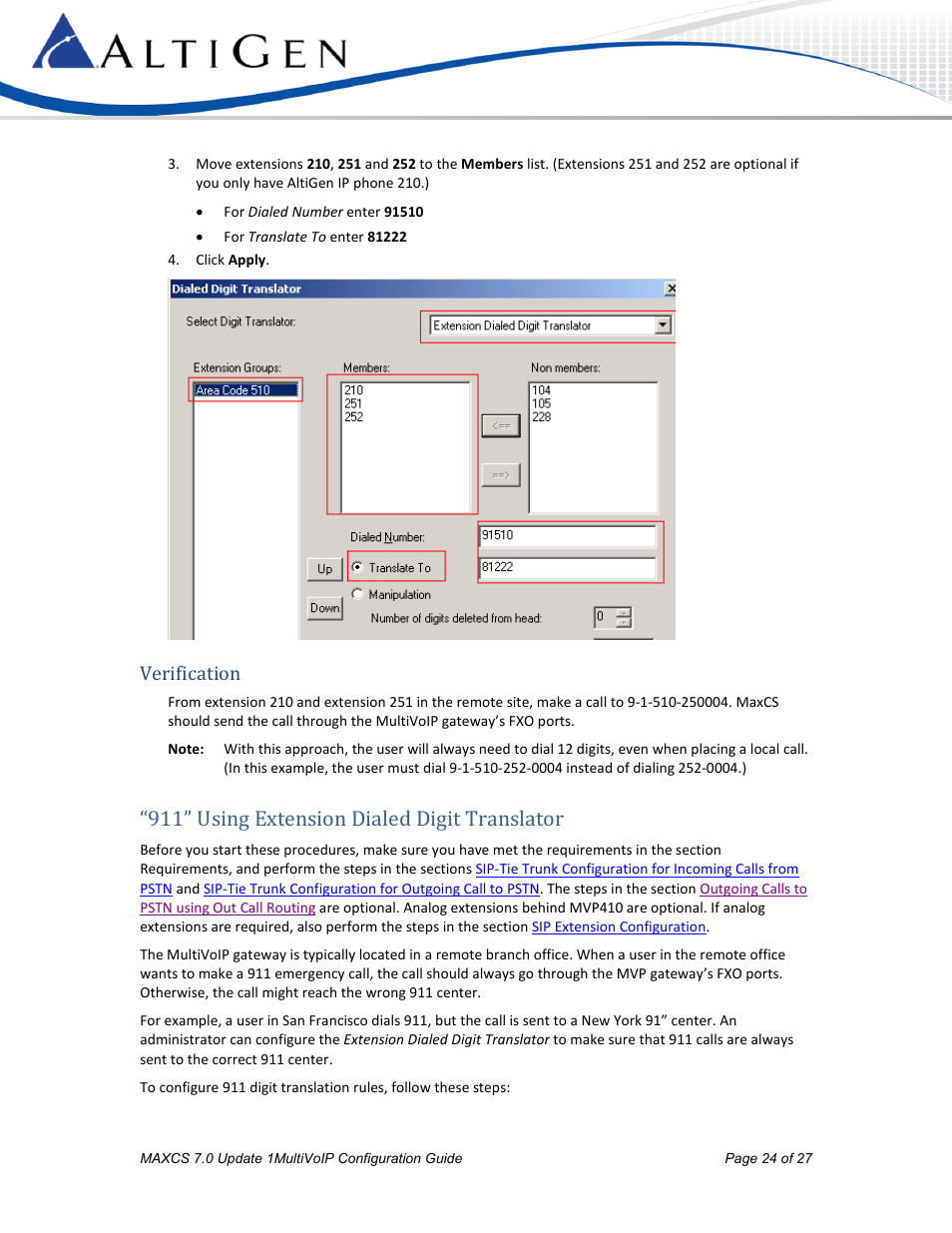 Verification, 911” using extension dialed digit translator | AltiGen MAXCS 7.0 Update 1 MultiVOIP Configuration User Manual | Page 24 / 27