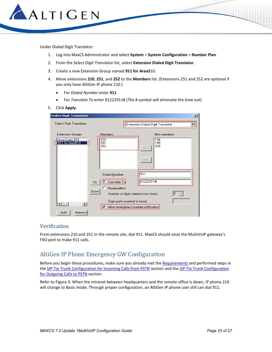 Verification, Altigen ip phone emergency gw configuration | AltiGen MAXCS 7.0 Update 1 MultiVOIP Configuration User Manual | Page 25 / 27