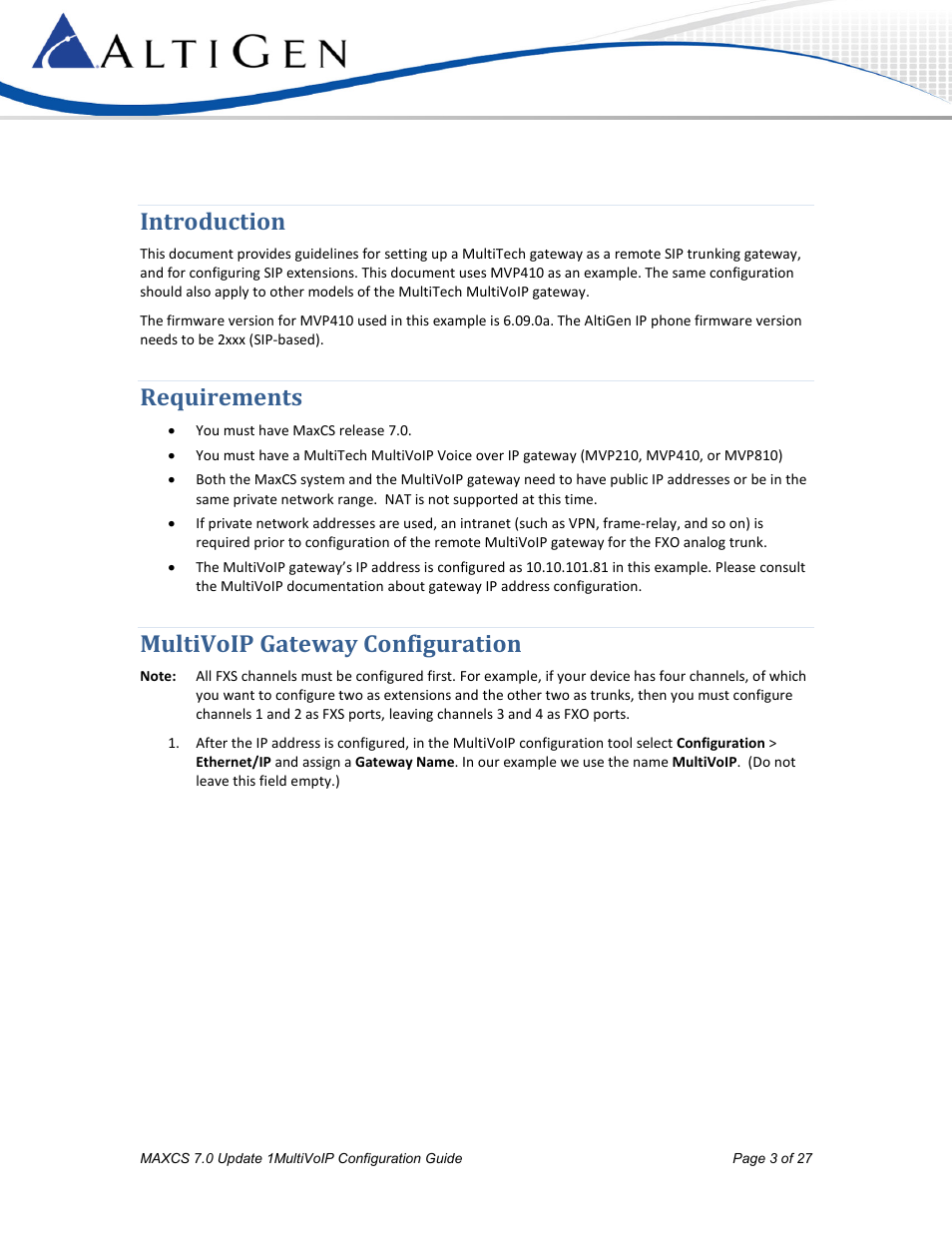 Introduction, Requirements, Multivoip gateway configuration | AltiGen MAXCS 7.0 Update 1 MultiVOIP Configuration User Manual | Page 3 / 27