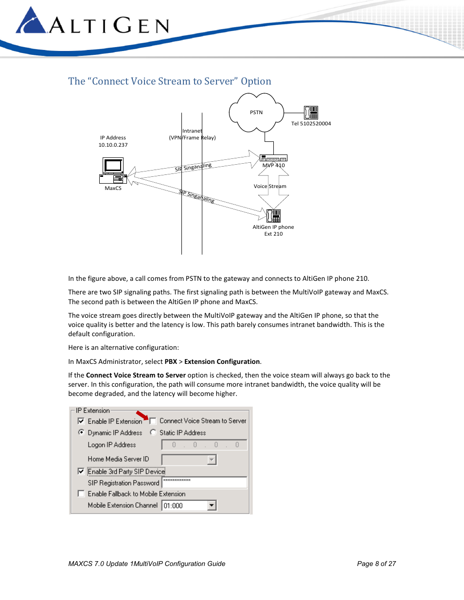 The “connect voice stream to server” option | AltiGen MAXCS 7.0 Update 1 MultiVOIP Configuration User Manual | Page 8 / 27