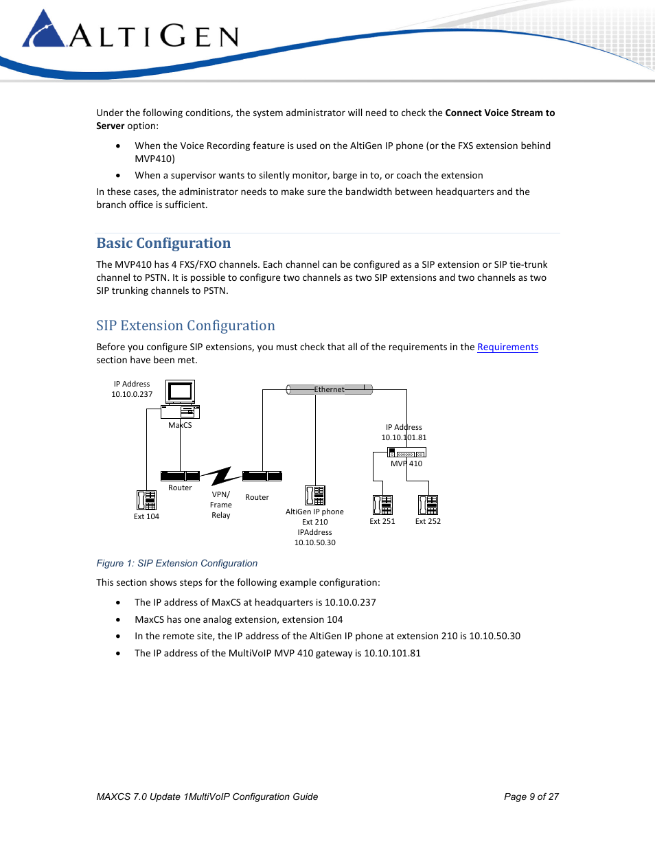 Basic configuration, Sip extension configuration | AltiGen MAXCS 7.0 Update 1 MultiVOIP Configuration User Manual | Page 9 / 27