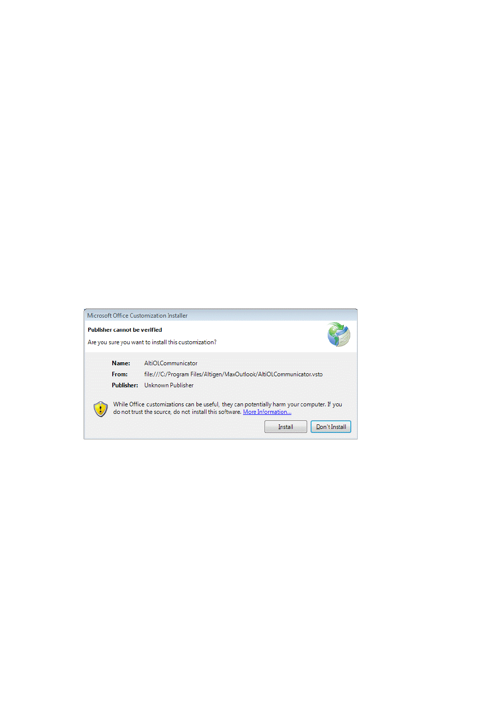 Installing maxoutlook on a client system, Uninstalling maxoutlook | AltiGen MAXCS 7.0 Update 1 MaxOutlook User Manual | Page 10 / 79