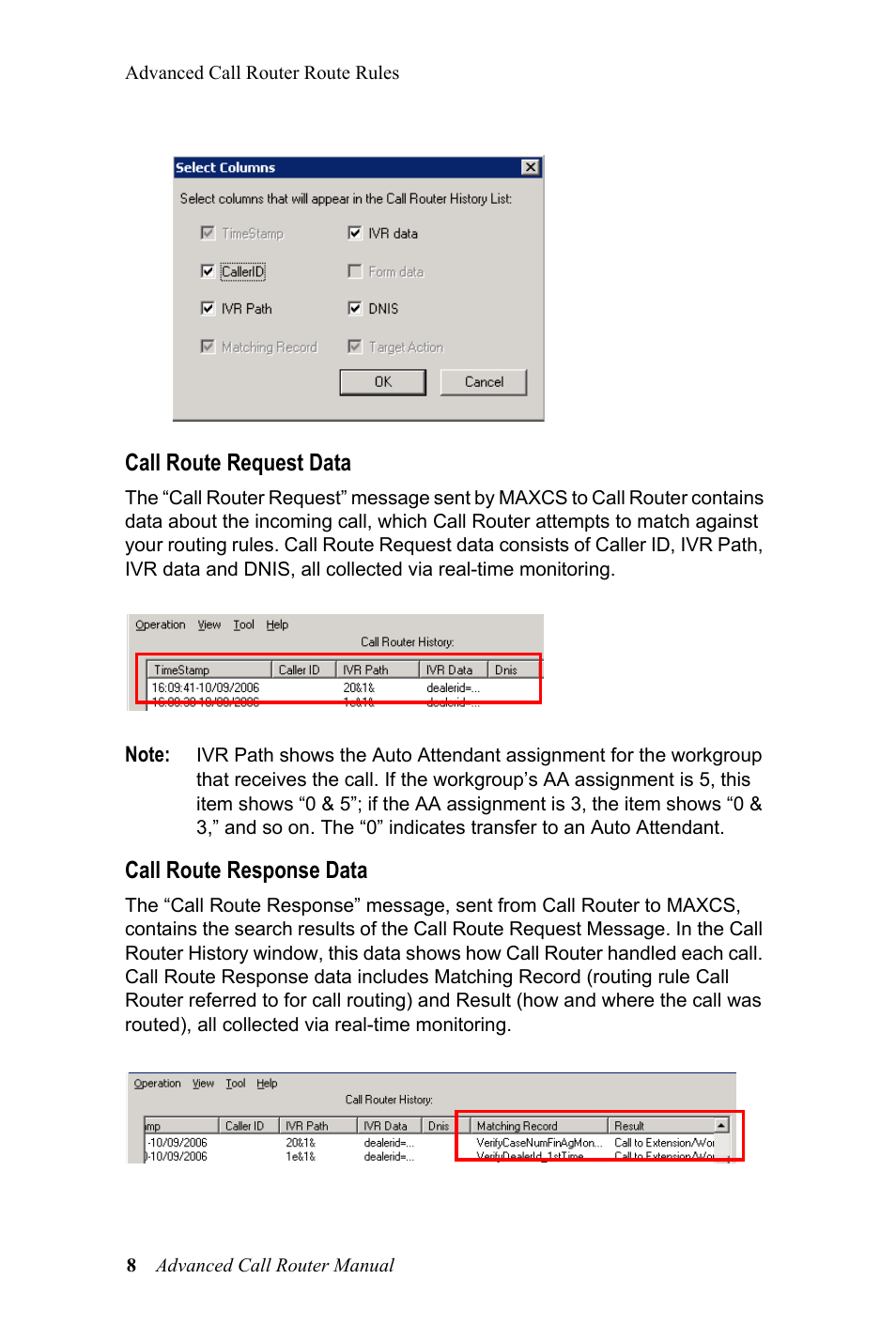 Call route request data, Call route response data | AltiGen MAXCS 7.0 Adv Call Router User Manual | Page 12 / 26