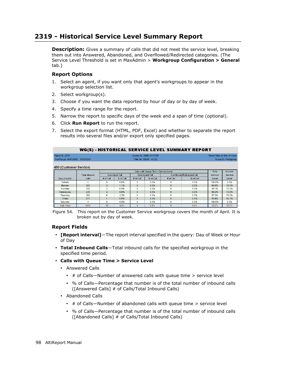 2319 - historical service level summary report | AltiGen MAXCS 7.0 AltiReport User Manual | Page 102 / 110