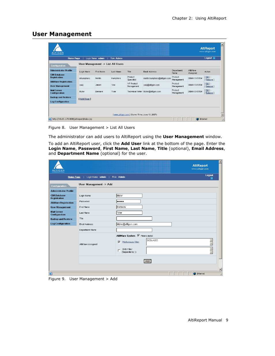 User management | AltiGen MAXCS 7.0 AltiReport User Manual | Page 13 / 110