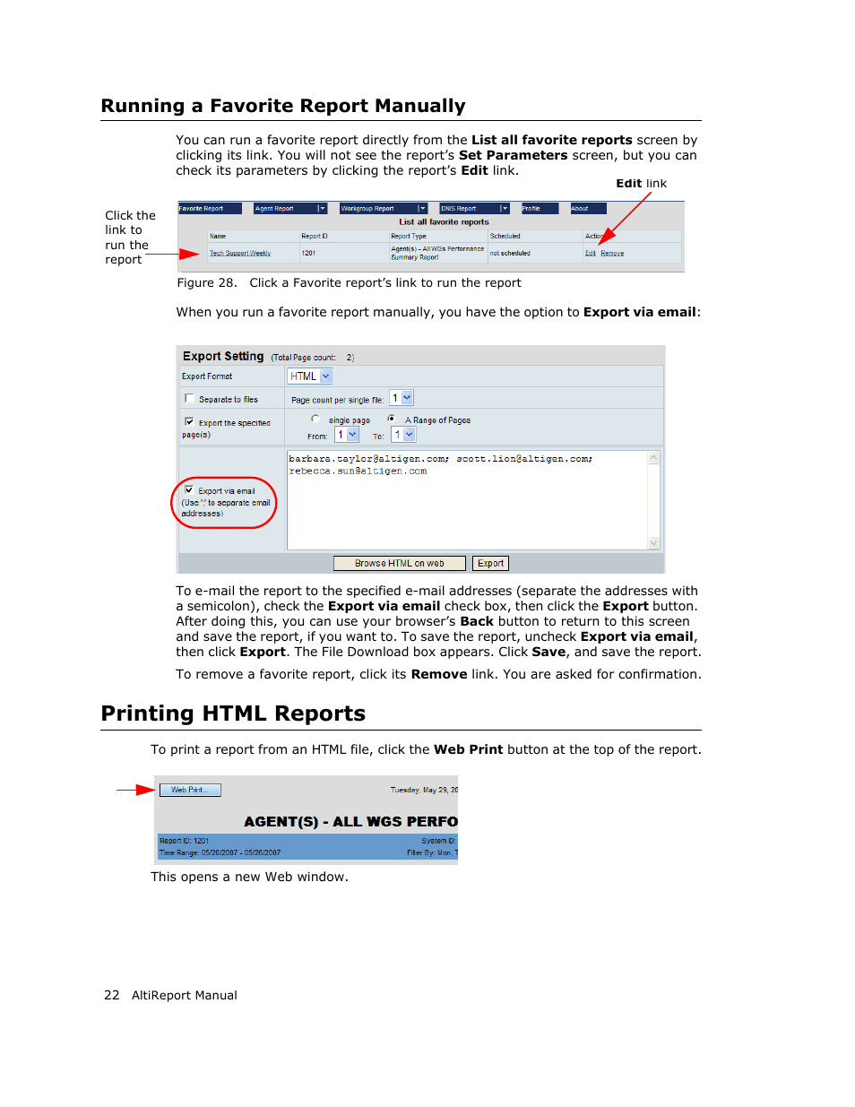 Running a favorite report manually, Printing html reports | AltiGen MAXCS 7.0 AltiReport User Manual | Page 26 / 110