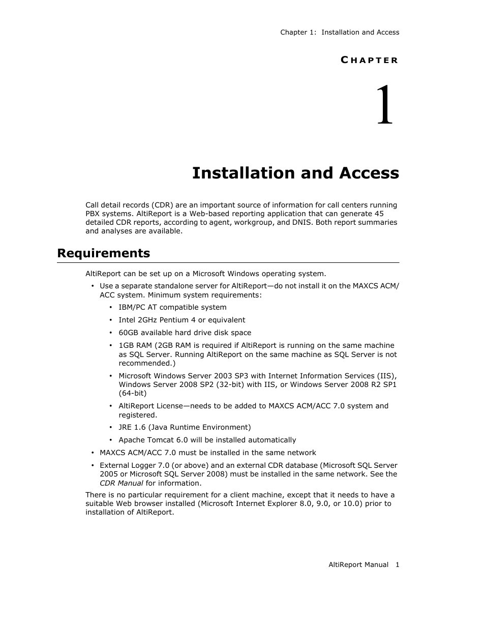 Installation and access, Requirements, Hapter | AltiGen MAXCS 7.0 AltiReport User Manual | Page 5 / 110